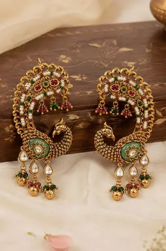 Gold plated multicolor peacock motif statement earrings