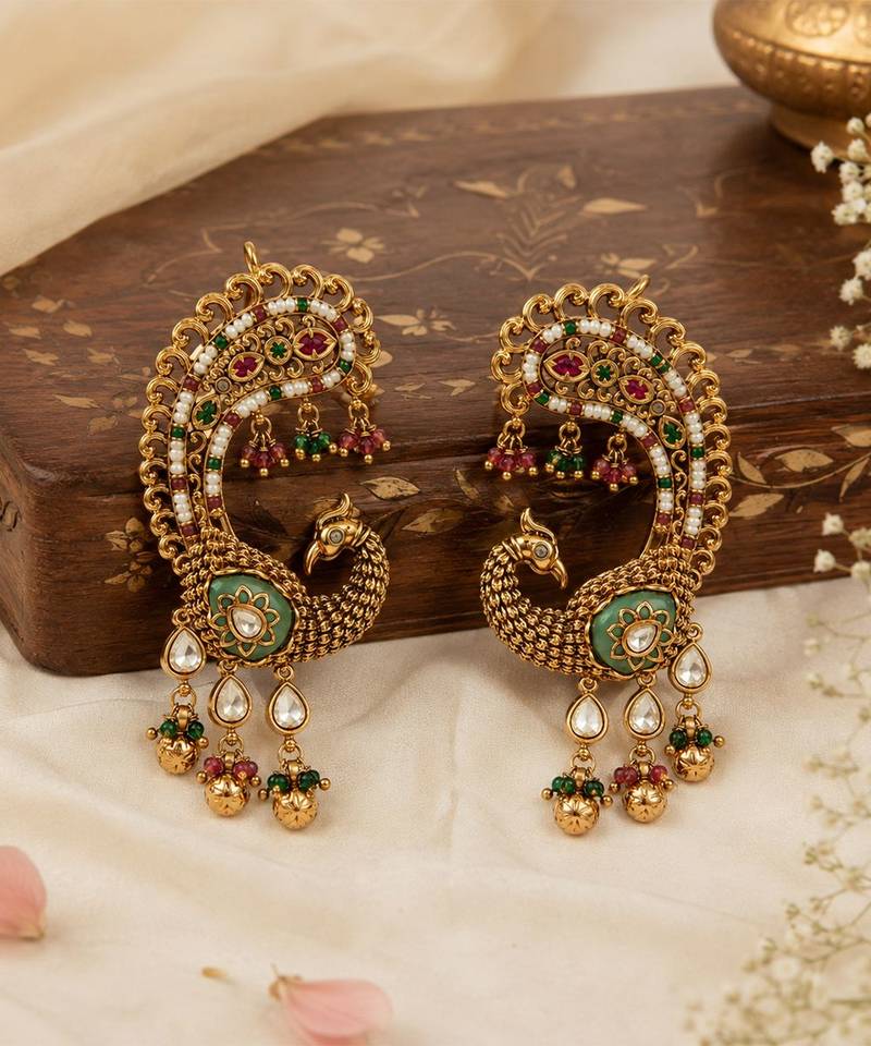 Gold plated multicolor peacock motif statement earrings