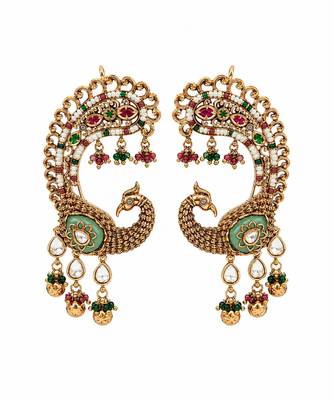Gold plated multicolor peacock motif statement earrings 3