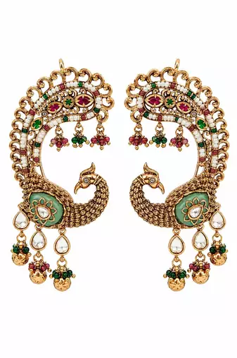 Gold plated multicolor peacock motif statement earrings