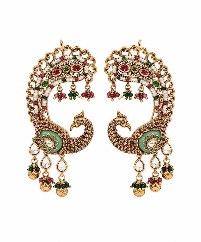Gold plated multicolor peacock motif statement earrings