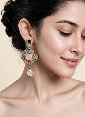 Gold plated multicolor semi precious stones statement drop earrings 1