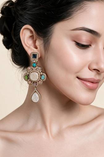 Gold plated multicolor semi precious stones statement drop earrings