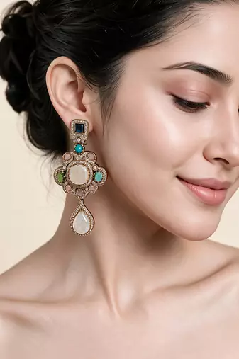Gold plated multicolor semi precious stones statement drop earrings