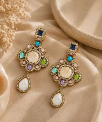 Gold plated multicolor semi precious stones statement drop earrings 2