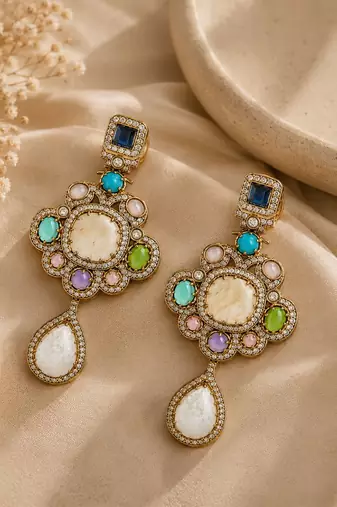 Gold plated multicolor semi precious stones statement drop earrings