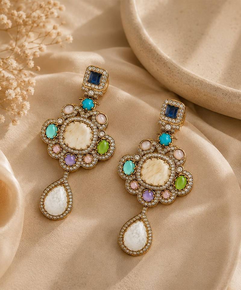 Gold plated multicolor semi precious stones statement drop earrings