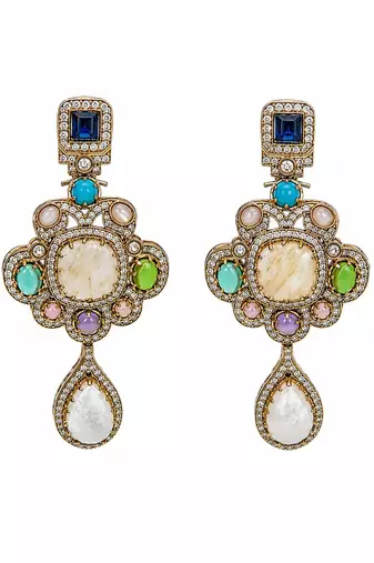 Gold plated multicolor semi precious stones statement drop earrings