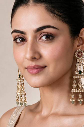 Gold plated multicolor kundan pearl drop statement earrings
