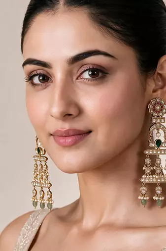 Gold plated multicolor kundan pearl drop statement earrings