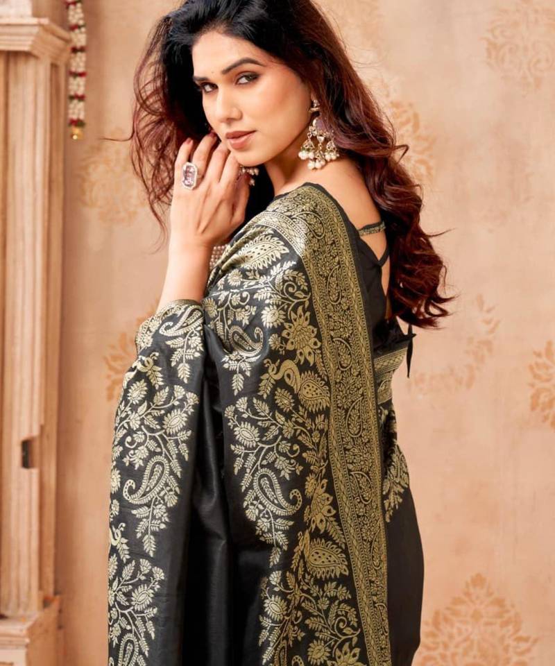 Black silk blend zari woven woven saree