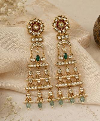 Gold plated multicolor kundan pearl drop statement earrings 2