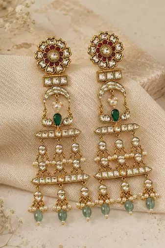 Gold plated multicolor kundan pearl drop statement earrings