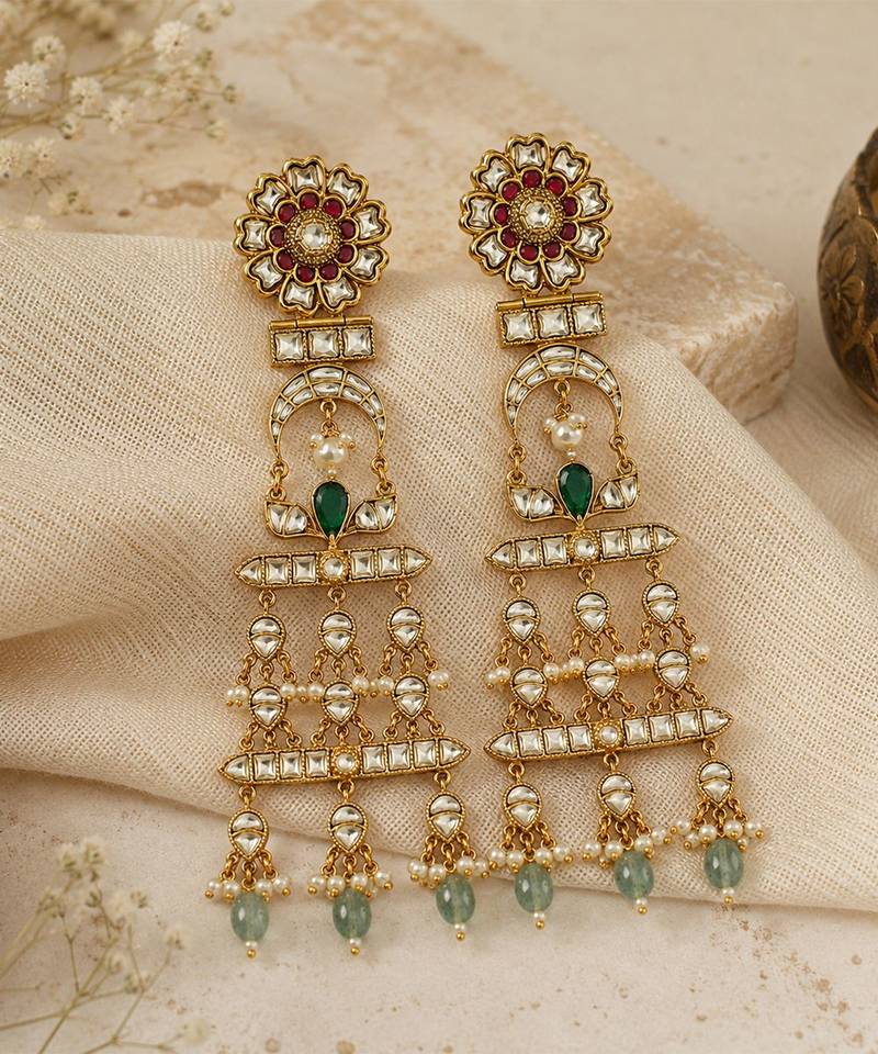 Gold plated multicolor kundan pearl drop statement earrings