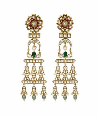 Gold plated multicolor kundan pearl drop statement earrings 3