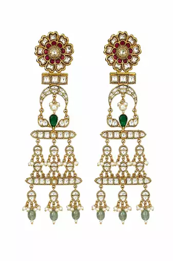 Gold plated multicolor kundan pearl drop statement earrings