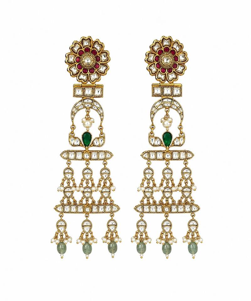 Gold plated multicolor kundan pearl drop statement earrings