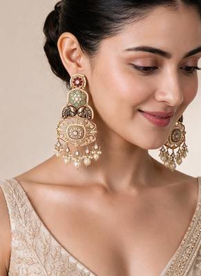 Gold plated multicolor kundan pearl statement earrings 1