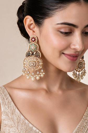 Gold plated multicolor kundan pearl statement earrings
