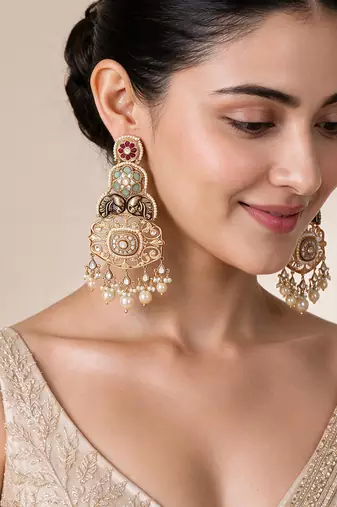 Gold plated multicolor kundan pearl statement earrings