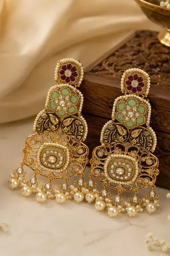 Gold plated multicolor kundan pearl statement earrings