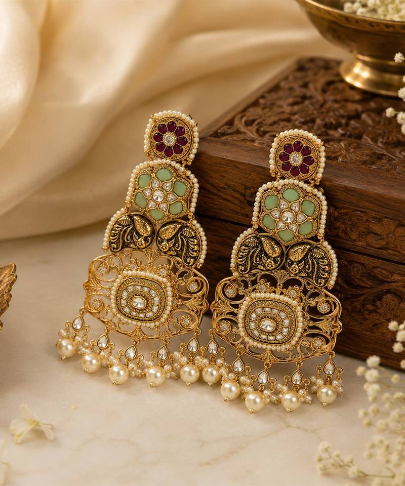 Gold plated multicolor kundan pearl statement earrings