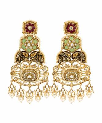 Gold plated multicolor kundan pearl statement earrings 3
