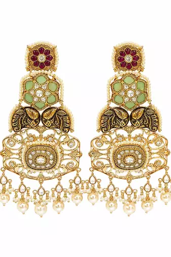 Gold plated multicolor kundan pearl statement earrings
