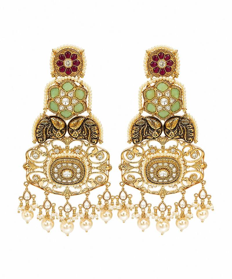 Gold plated multicolor kundan pearl statement earrings