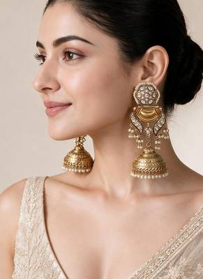 Gold plated kundan pearl jhumka earrings 1
