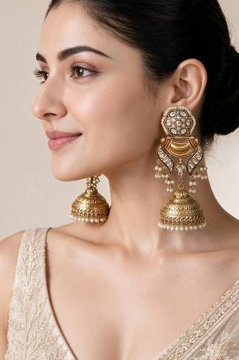 Gold plated kundan pearl jhumka earrings