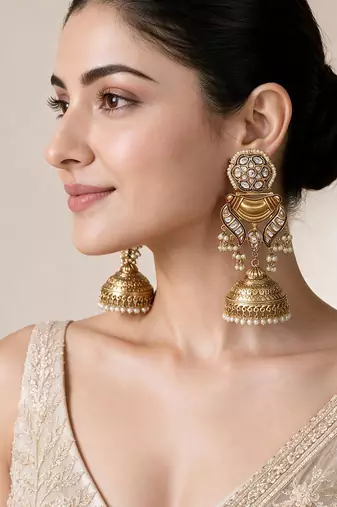Gold plated kundan pearl jhumka earrings