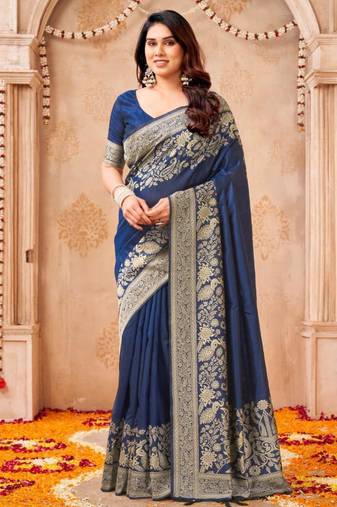 Navy-blue silk blend zari woven woven saree