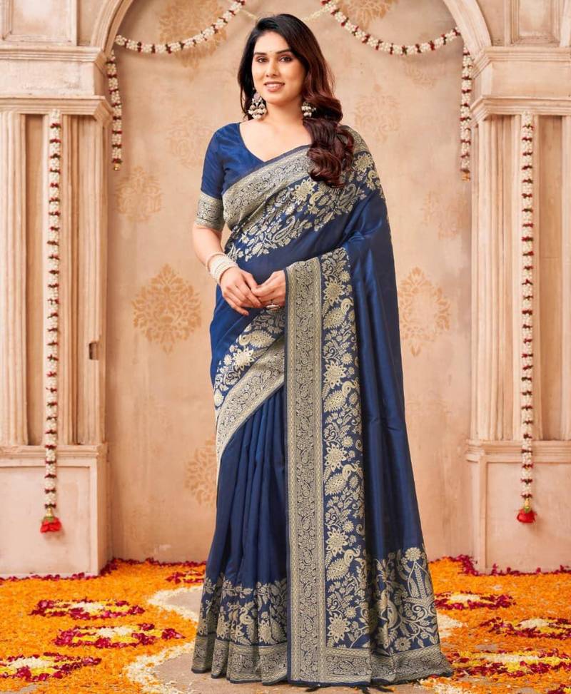 Navy-blue silk blend zari woven woven saree