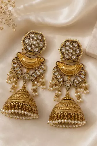 Gold plated kundan pearl jhumka earrings