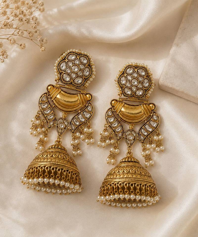 Gold plated kundan pearl jhumka earrings