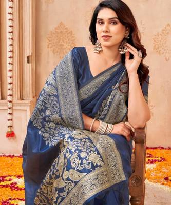 Navy-blue silk blend zari woven woven saree 2