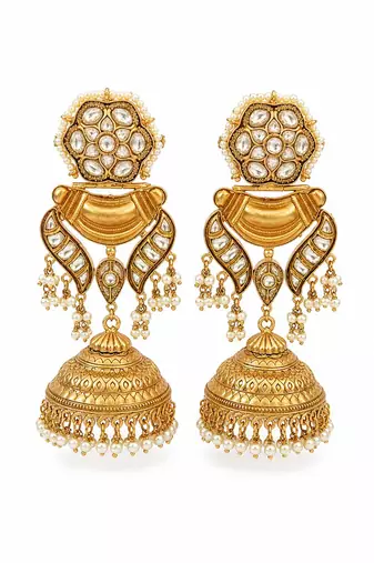 Gold plated kundan pearl jhumka earrings
