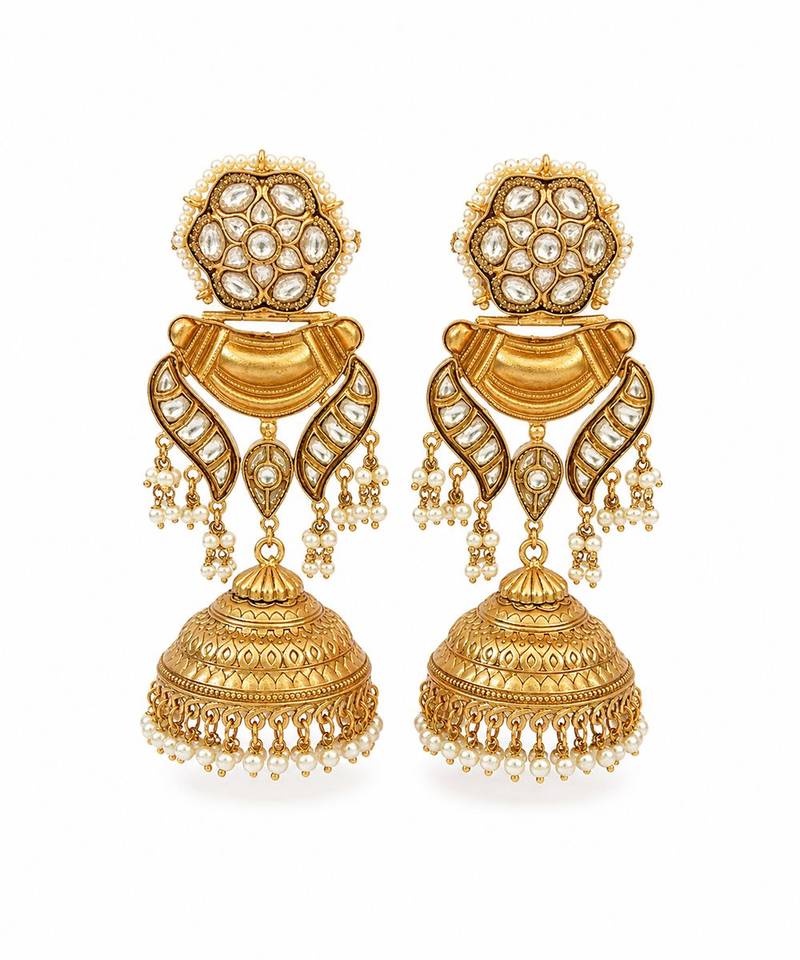 Gold plated kundan pearl jhumka earrings