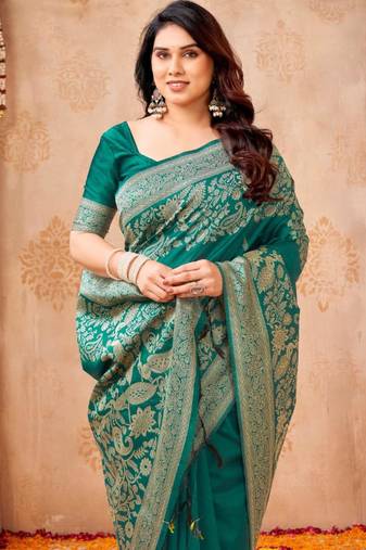 Dark-green silk blend bangalore silk woven saree