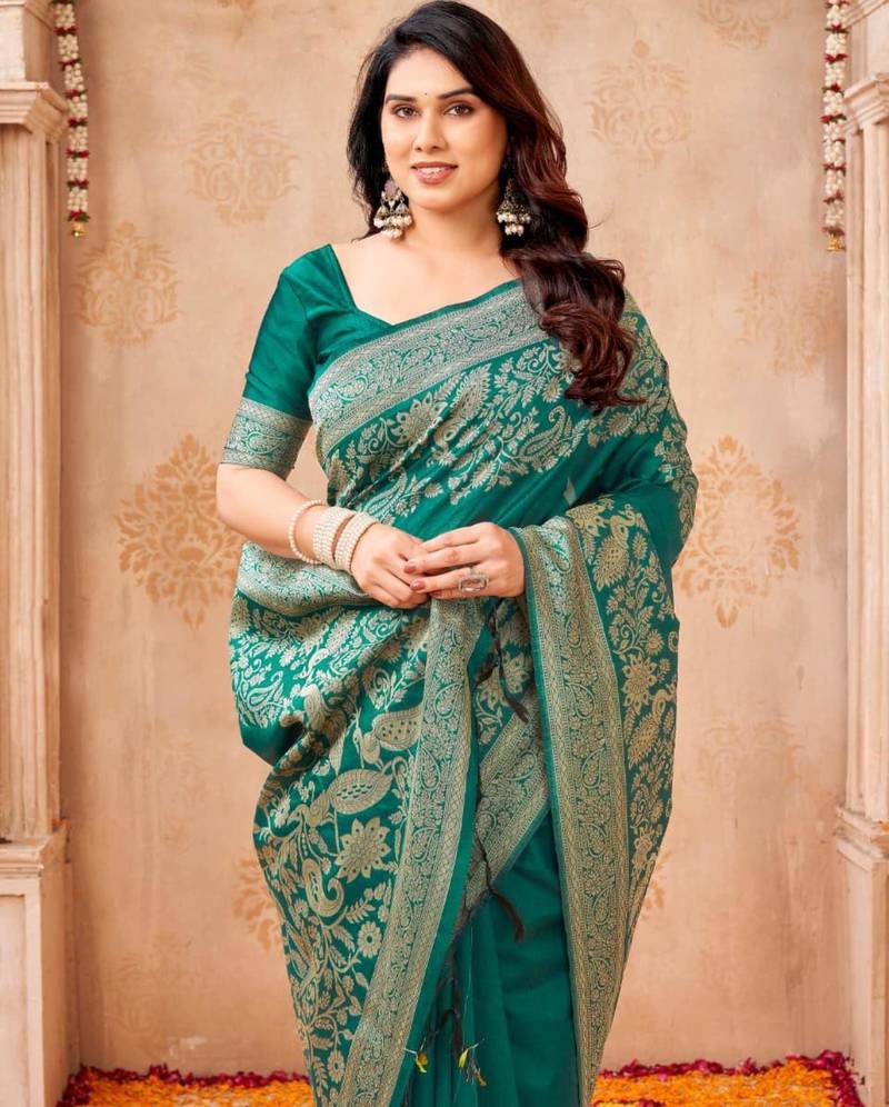 Dark-green silk blend bangalore silk woven saree