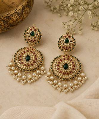 Gold plated jadau pearl embellished statement earrings 2