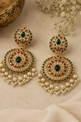 Gold plated jadau pearl embellished statement earrings