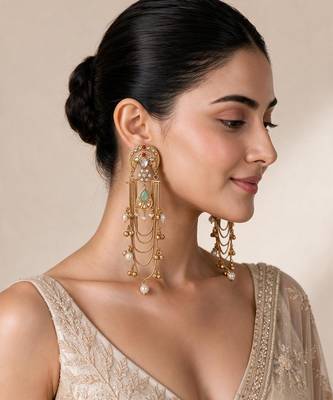Gold plated sage green kundan chain drop statement earrings 1