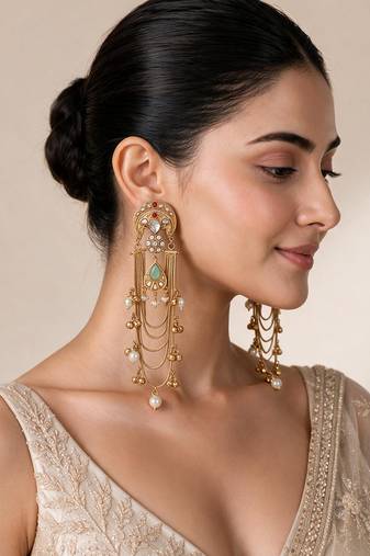 Gold plated sage green kundan chain drop statement earrings