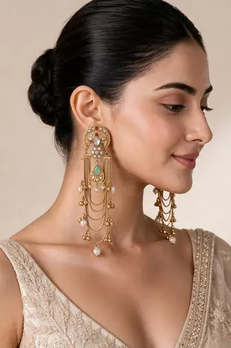 Gold plated sage green kundan chain drop statement earrings