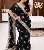 Black silk blend sequins work embroidered saree