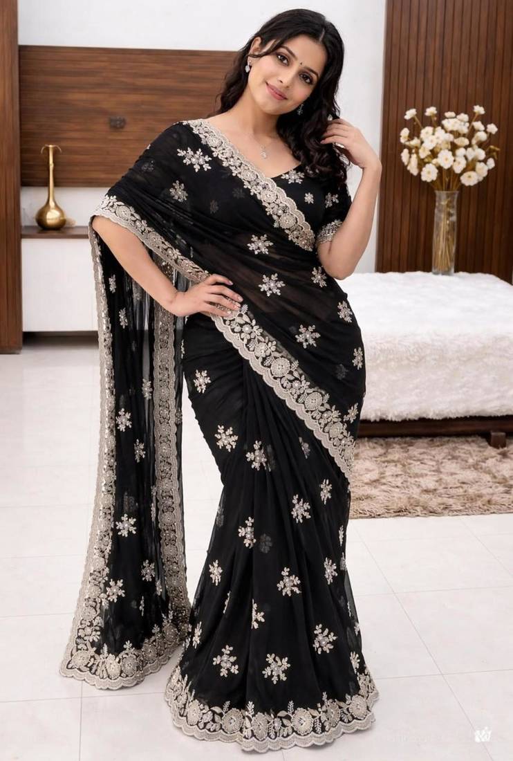 Black silk blend sequins work embroidered saree