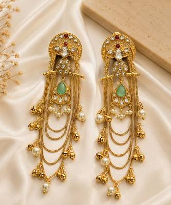 Gold plated sage green kundan chain drop statement earrings 2