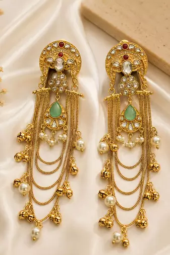 Gold plated sage green kundan chain drop statement earrings